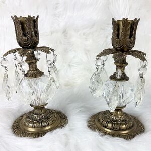 Vintage Bronze Hollywood Regency Candle holders with Crystal Teardrop Pendants